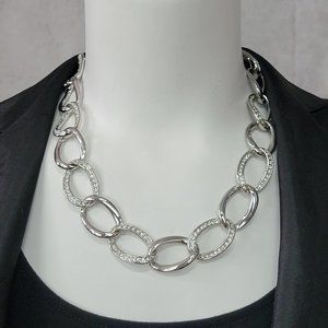 Vintage Large Silver Tone Clear Rhinestone Curb Chain Necklace Adjustable